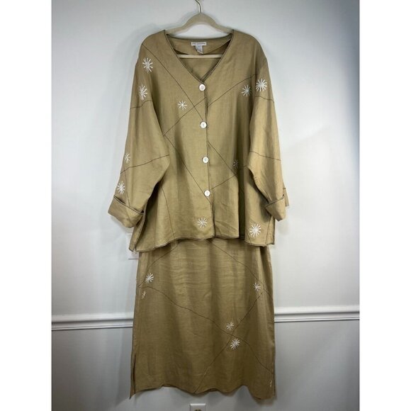 Annie Alexander Linen Skirt Jacket Top Khaki 22W Plus Cottagecore Vintage Retro - Picture 1 of 16